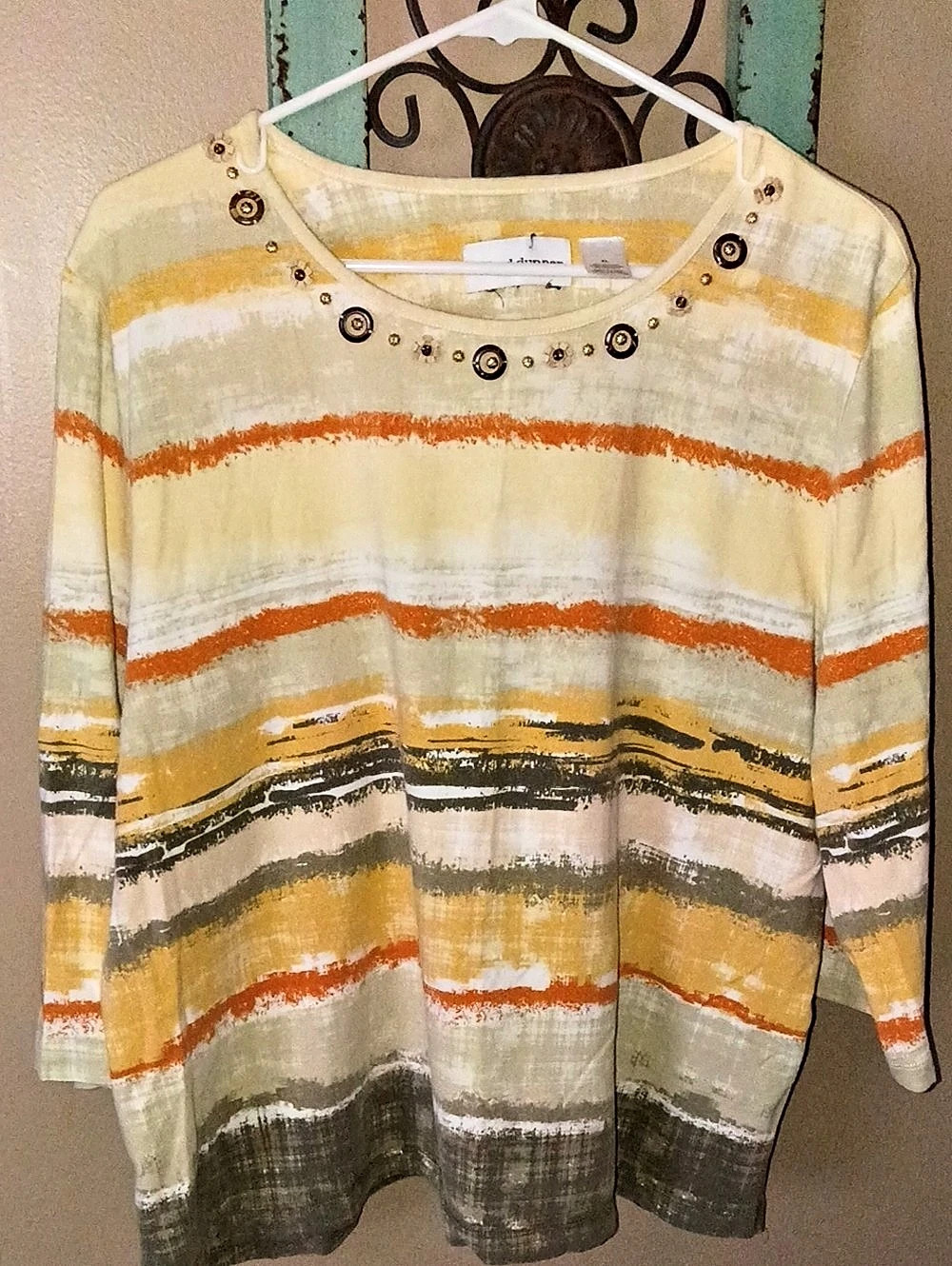 Alfred Dunner Abstract Striped 3/4 Sleeve Top in Yellow & Green XL